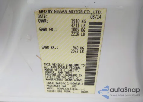 2015 Nissan Altima 2.5 Sl from USA, damaged, VIN 1N4AL3AP6FC149681
